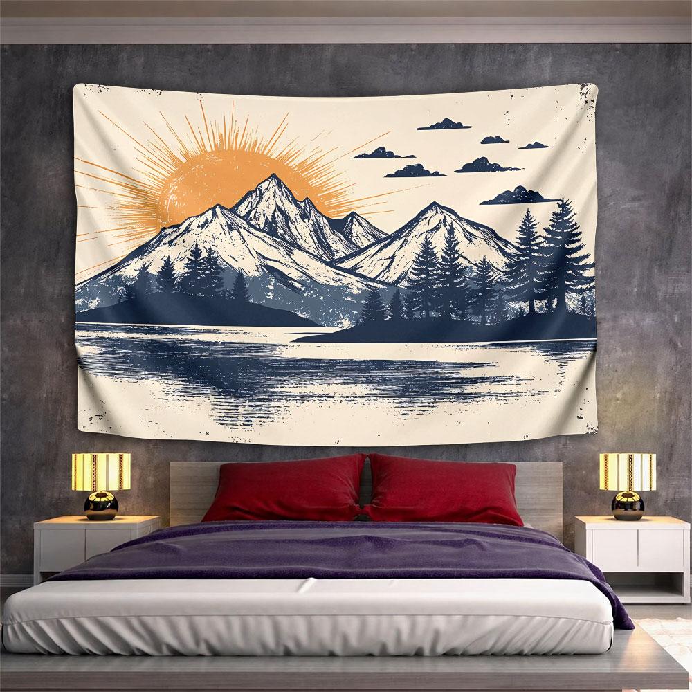 Sunrise over mountains with pine trees, clouds, and reflected lake water. Patterned tapestry for bedroom and living room home decor
