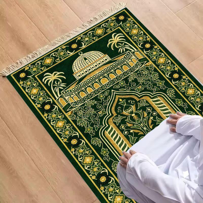 Velvet Muslim Prayer Rug Al Aqsa Mosque Pattern Dark Green Golden Floral Anti Slip Portable Salat Mat Home Eid Gift