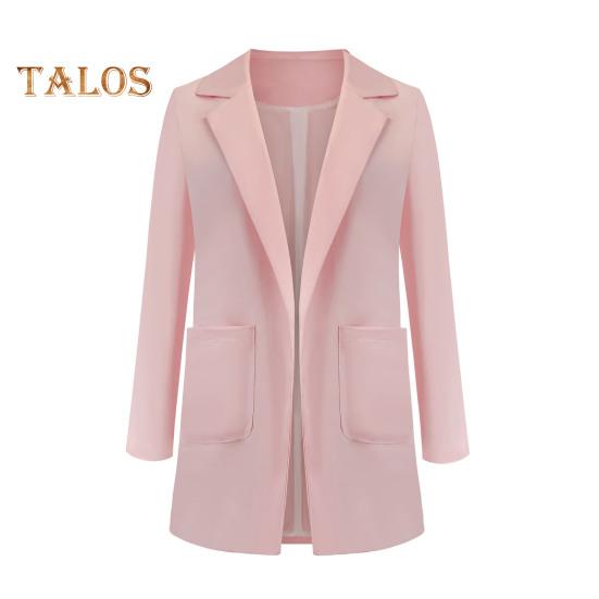 Женский пиджак с лацканами, длинный рукав, открытый спереди, однотонный пиджак в городском стиле, весна-осень, деловая верхняя одежда