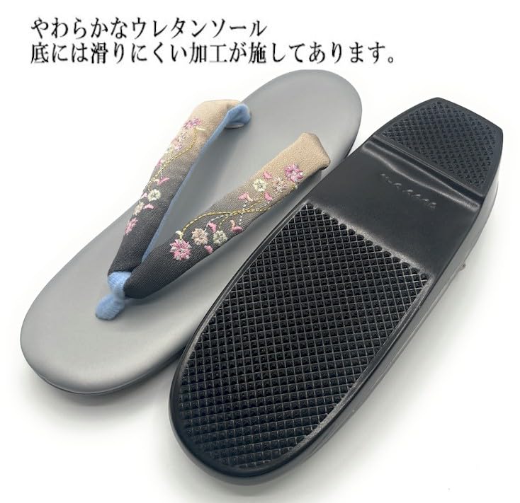 Сандалии-кимоно с вышитыми ремешками и уретановой подошвой, один размер подходит большинству кимоно [город Асакуса] [серый]