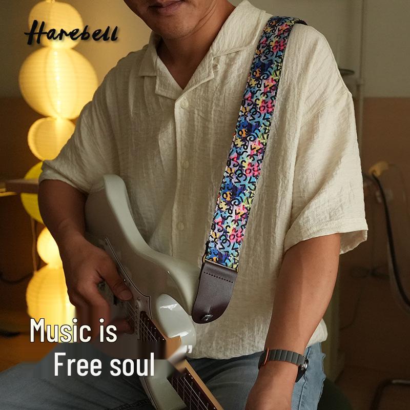 Retro Metal Buckle Guitar Strap with Rock Pattern, Double Layer Design, Black Pen Color PO-048