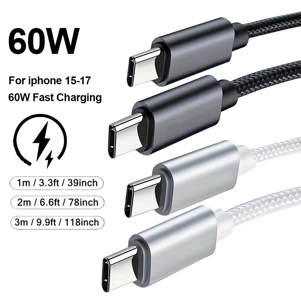 Nylon Braided 60W Type C Wire For iphone 15 16 17 pro max 1m 2m 3m USB C To Type C Fast Charge Cable for Samsung Xiaomi Huawei
