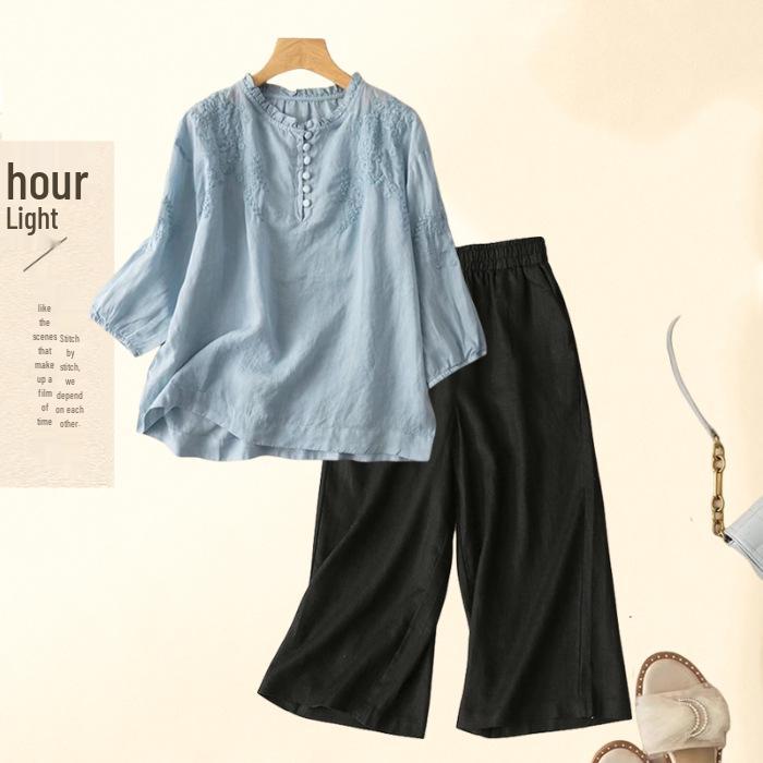 Винтажный комплект из хлопка и льна с вышивкой в стиле Юго-Восточной Азии: Рубашка с рукавом семь восьмых и брюки широкого кроя