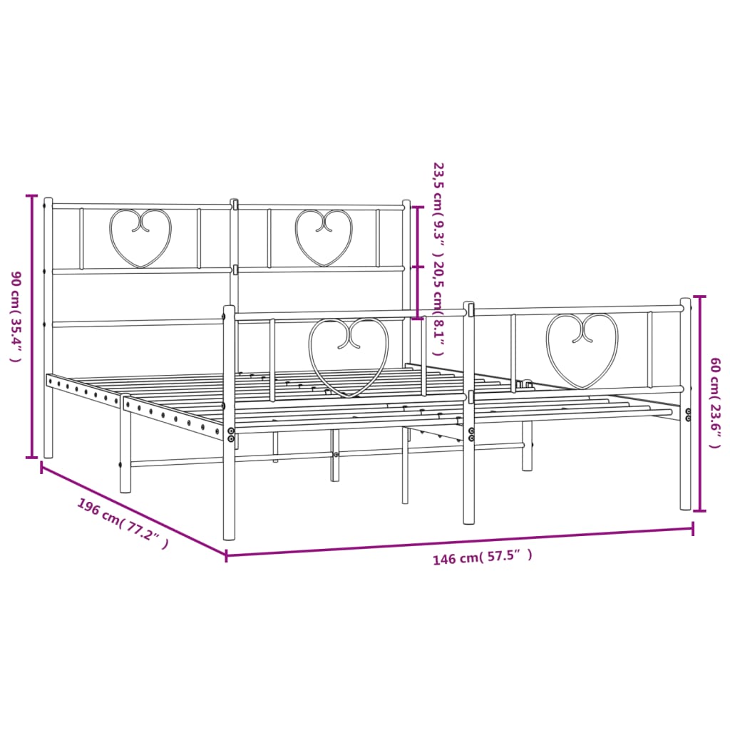 Metal Bed Frame with Headboard and Footboard White 140 x 190 cm