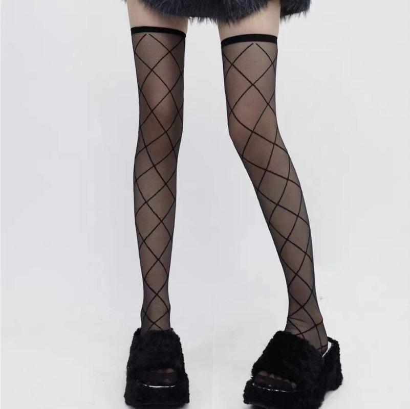Women Sexy Grid Tights Stockings Summer Thin Breathable Over Knee Long Socks 15D Sheer Stocking Street Wear JK Lolita