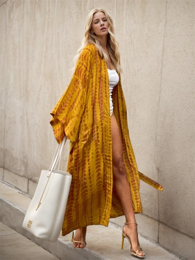 2024 отпуск сексуальный купальник накидка в стиле бохо с принтом тай-дай кимоно с поясом кардиганы для женщин домашнее платье большого размера одежда для пляжного отдыха Q1314