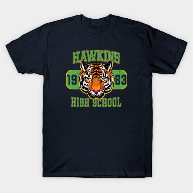 Men Black Print T-shirt Hawkins High School Go Tigers T-Shirt 1983 Retro 80S Mascot Tee Updated No-Cut Transfer Paper Print Cotton Tshirt