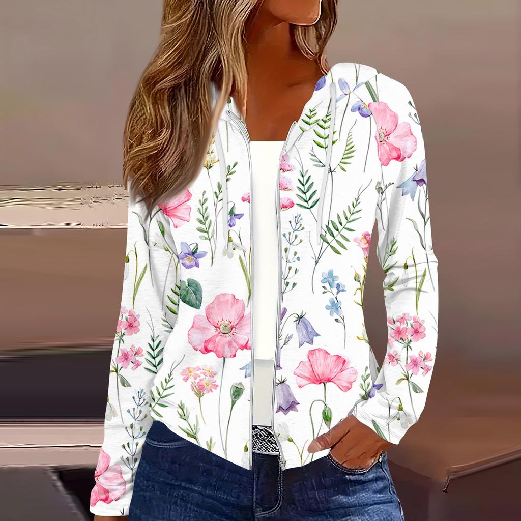 Women's Fashion Casual Zip Up Hooded Print Long Sleeve Sweatshirts Coat