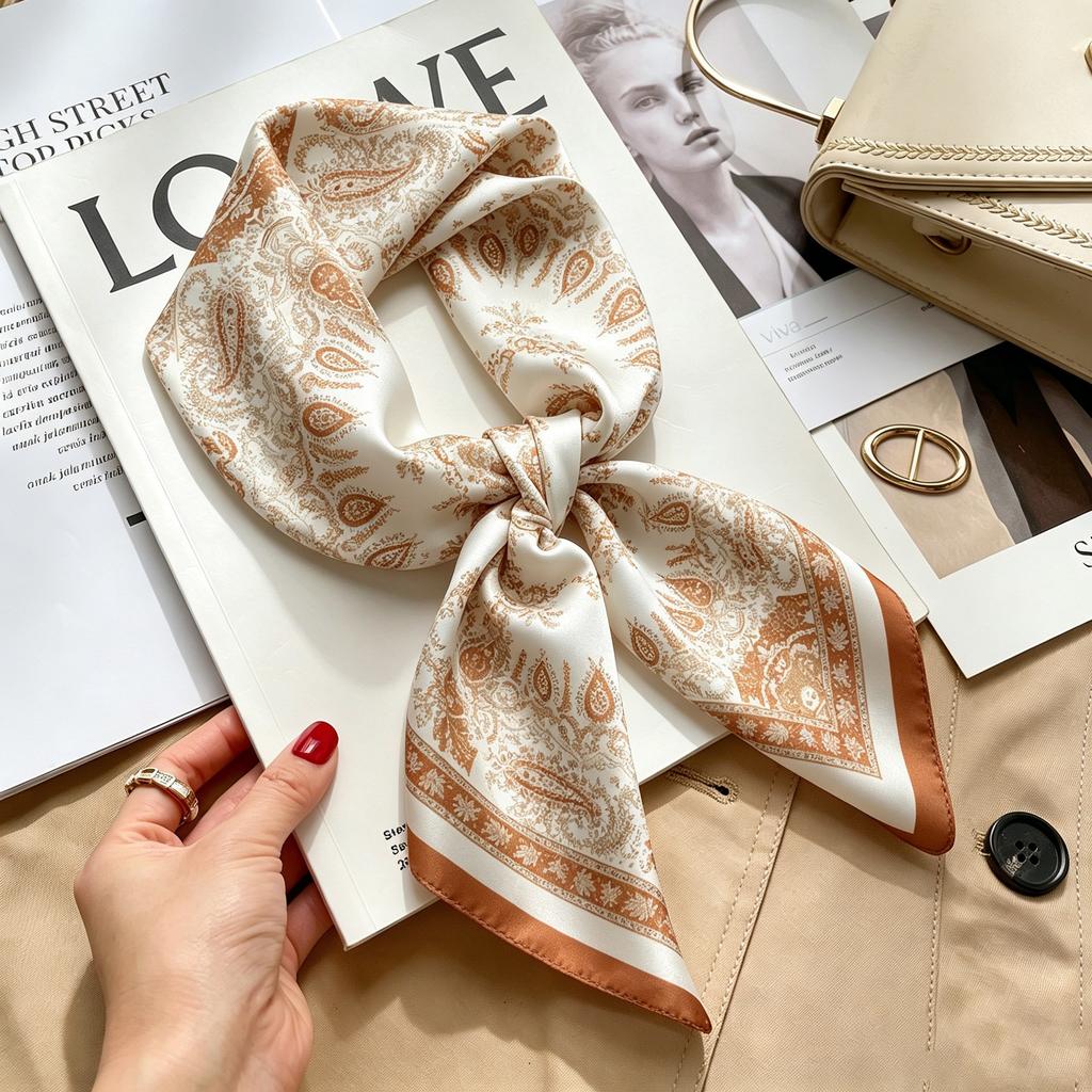 Autumn and winter Maillard cashew square scarf silk scarf women's shirt versatile neck small scarf tied hair decorative scarf