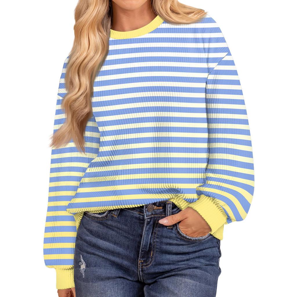 Женские повседневные свободные туники, топы с круглым вырезом, трикотажные ребристые рубашки с принтом, длинный рукав, пуловер, топ