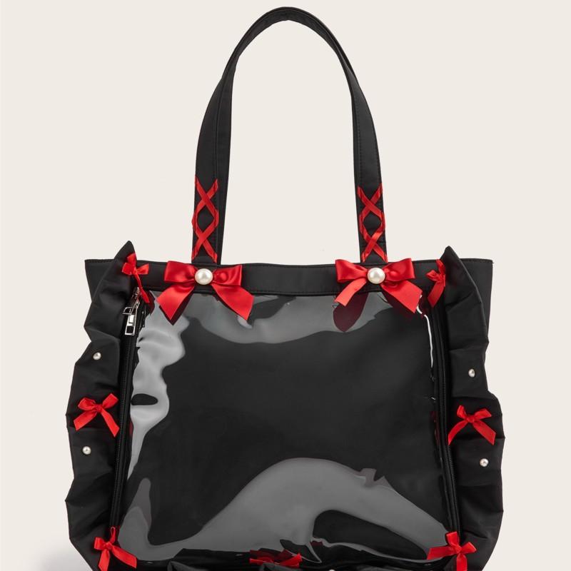 Japanese Ruffled Ribbon Bow Ita Bag Women Sweet Cute Multifunctional Clear Shoulder Purse Ladies Anime Badge Spacious Tote Bag