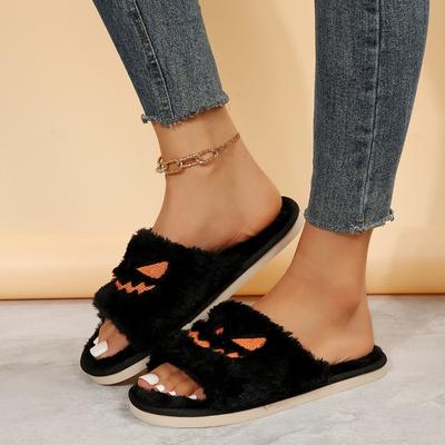 Мохнатые тапочки с тыквенной головой на Хэллоуин 2024 года, зимние плюшевые тапочки с носками, нескользящие и износостойкие, хлопковые тапочки One Word