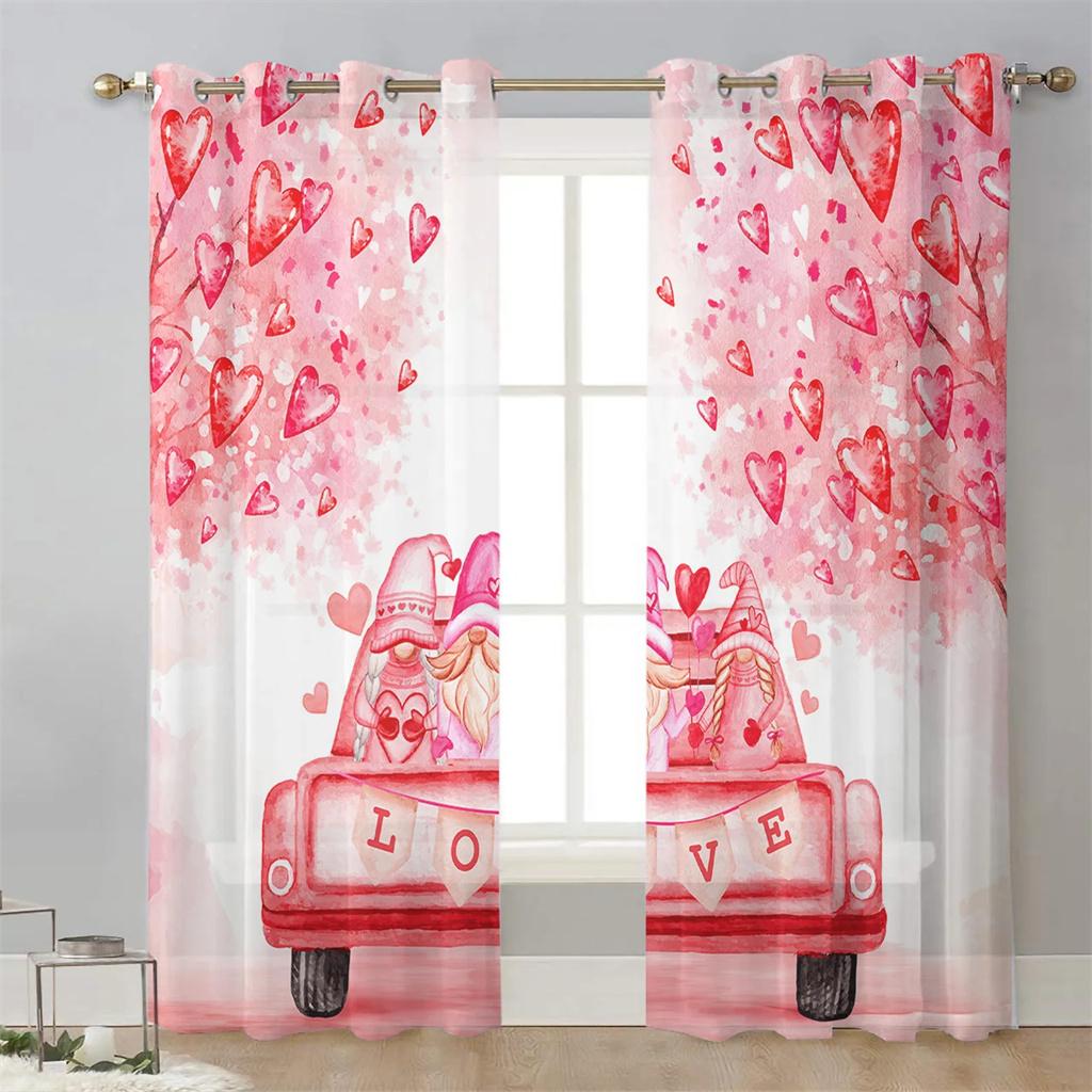 С Днем святого Валентина, вуаль с сердечками и надписью «Любовь», шторы для спальни, тюль, занавески для гостиной, прозрачные шторы, жалюзи, драпировки 2 шт.
