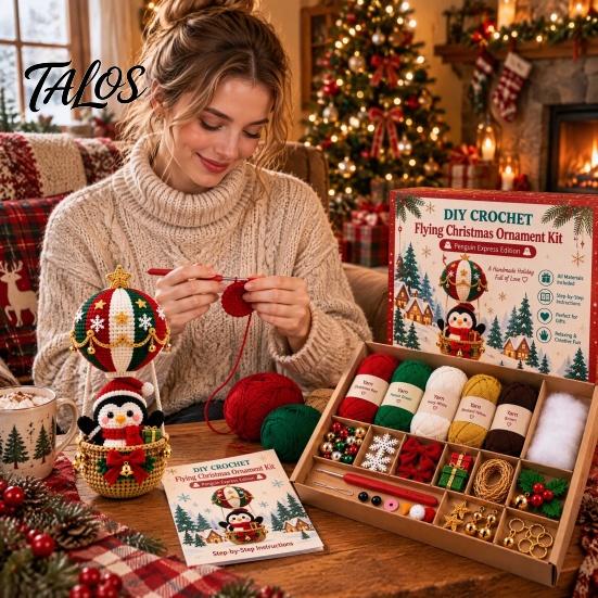 All in One Crochet Material Pack Christmas Hot Air Balloon Kit, Hanging Ornament DIY Relaxing Handicraft Hobby Set Festive Craft Kit for Adults,