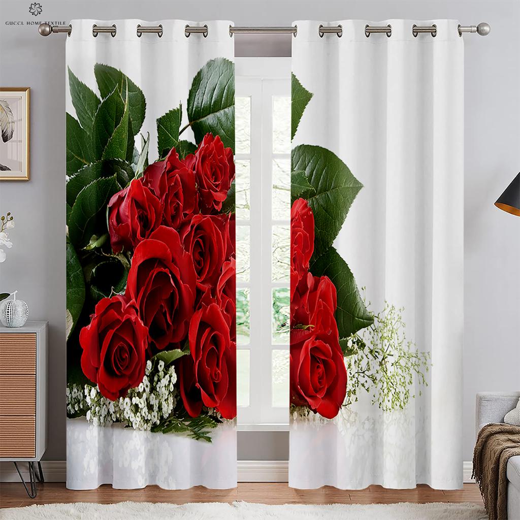 Romantic Rose Red Retro Print Curtain, Rod Pocket Curtain, Bedroom, Living Room, Kitchen, Outdoor Decorative, 2 Pieces