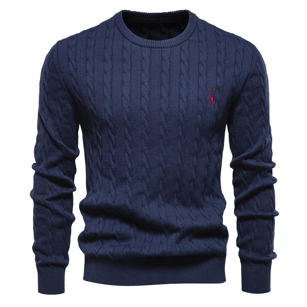 Men's Autumn Winter Solid Knitted Crew Neck Sweater Fashion Casual Deer Embroidery Pullover