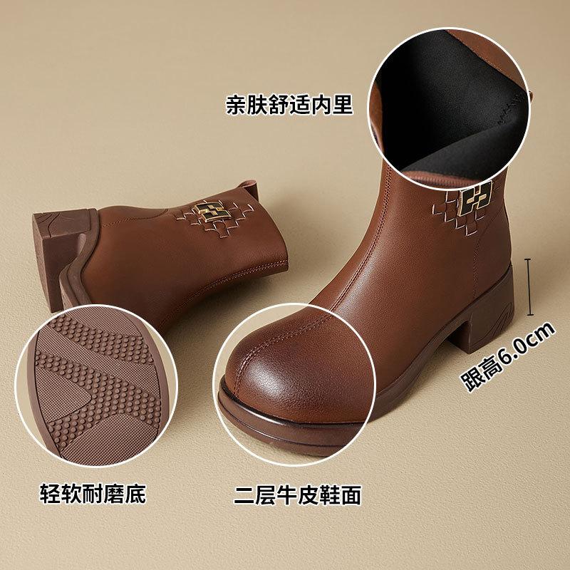 Brown Summer Leather Martin Boots Short Leather Boots Women's Versatile Fashion High Heel Boots Vintage Platform Chelsea Boots