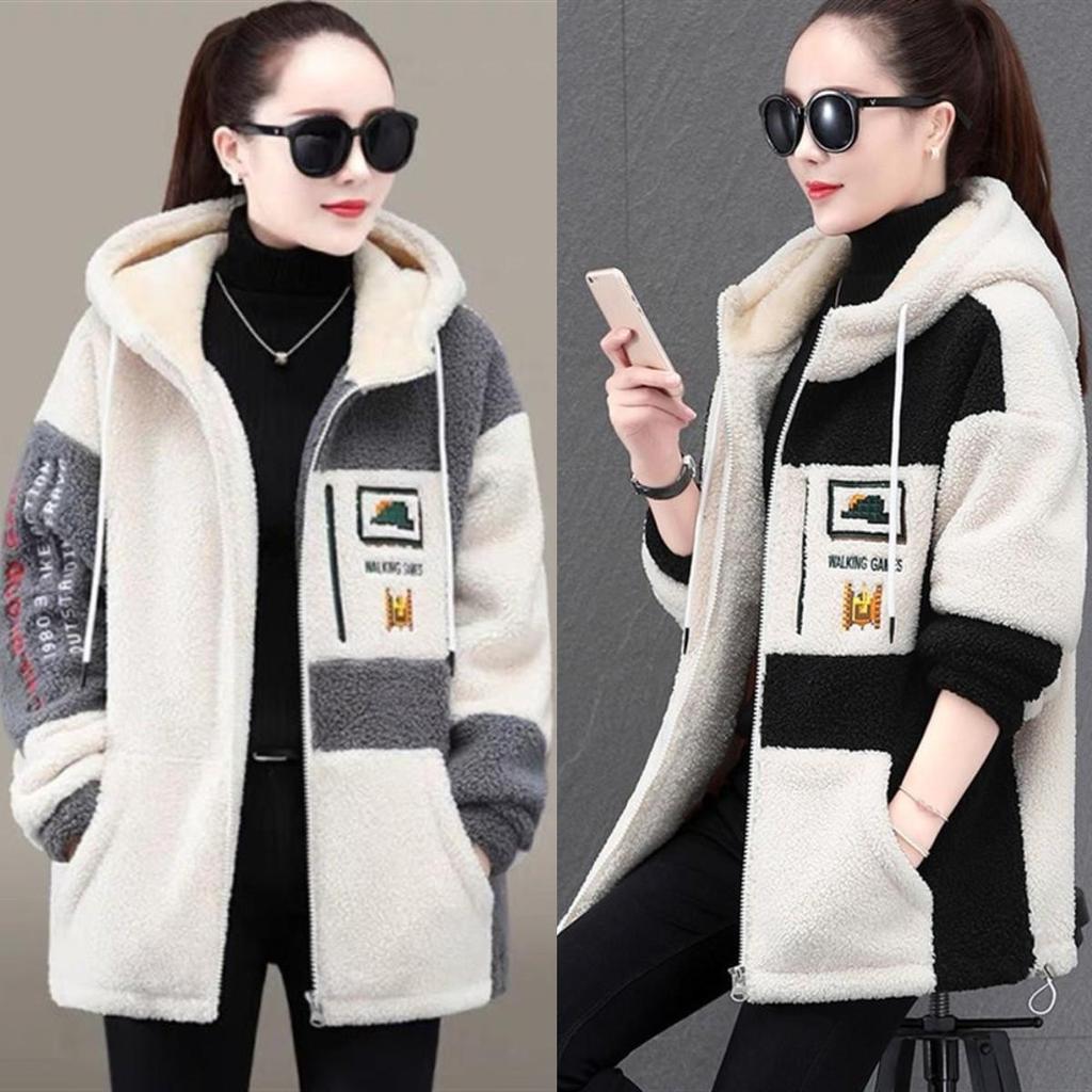 Женское пальто с цветными блоками в стиле пэчворк с плюшевым мишкой, женская повседневная флисовая куртка с капюшоном и длинными рукавами, свободная теплая утолщенная верхняя одежда