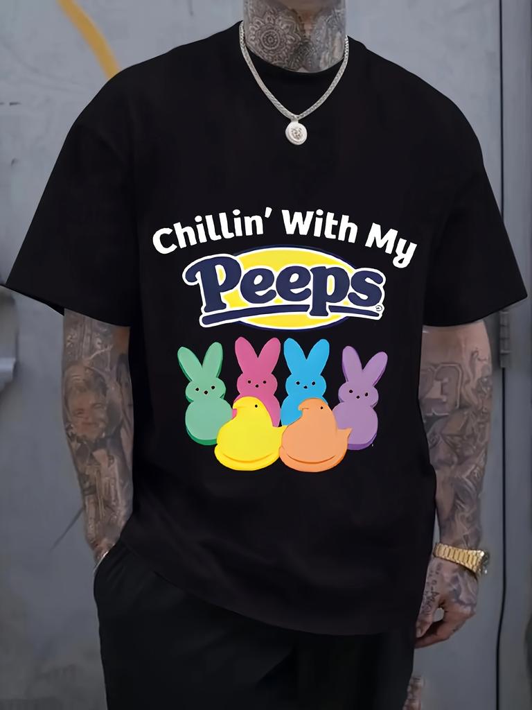 Casual Graphic T-shirt - "Chillin' with My Peeps" Bunny Design