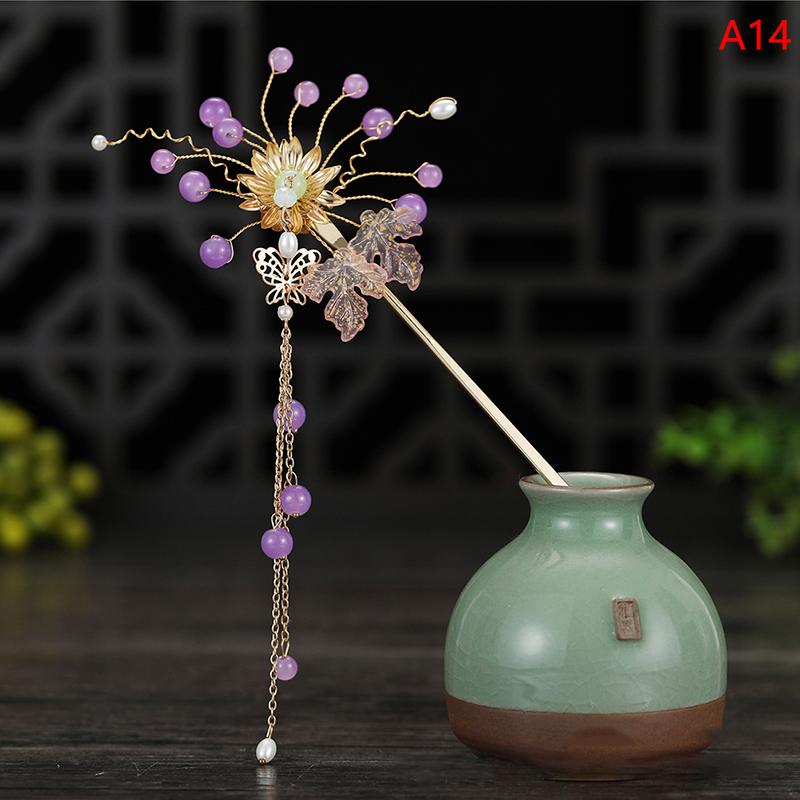 Retro Traditional Flowers Simulated Pearls Long Tassel Hairpins Hair Sti