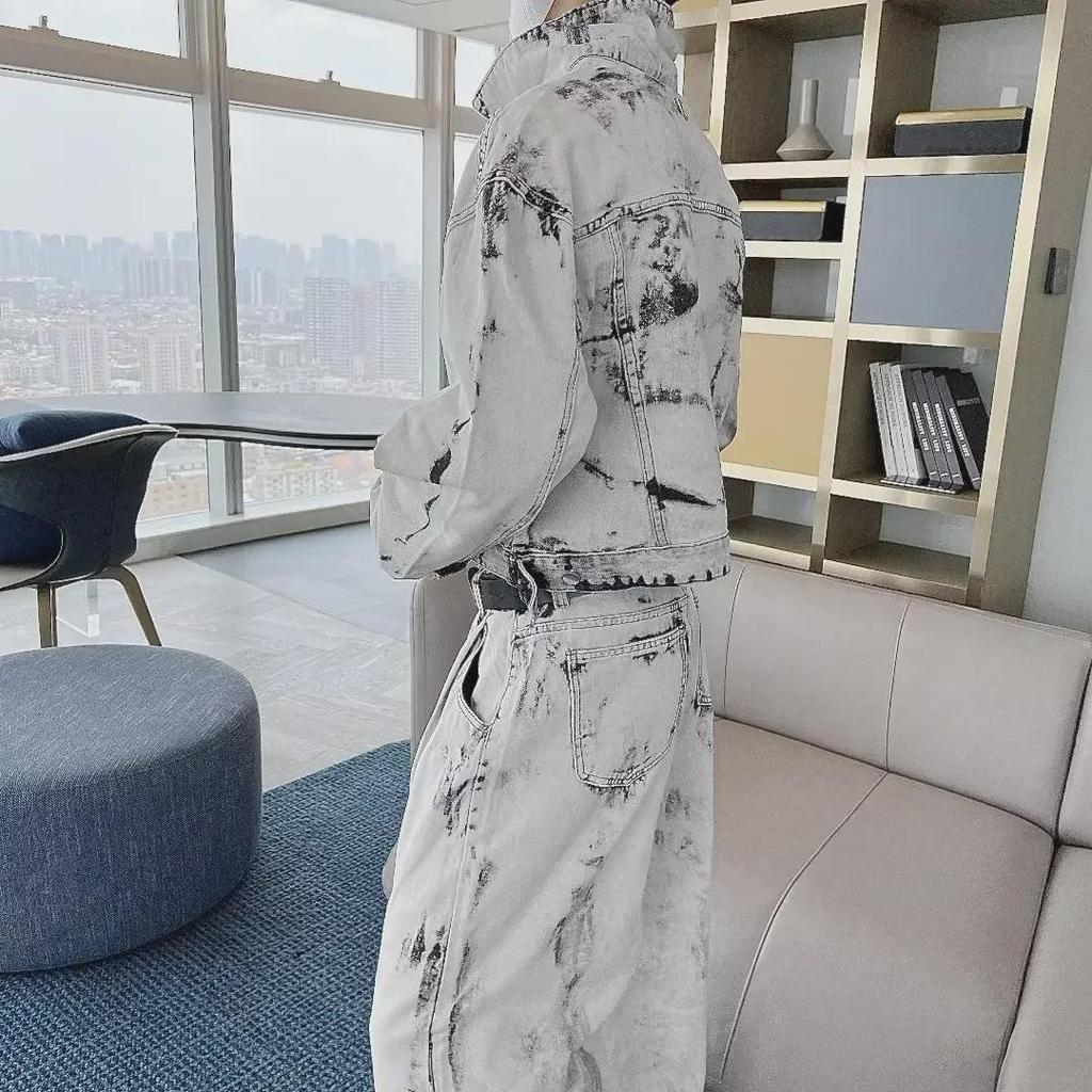 Men's Retro Tie-Dye Casual Suit: Loose Denim Jacket & Wide-Leg Trousers