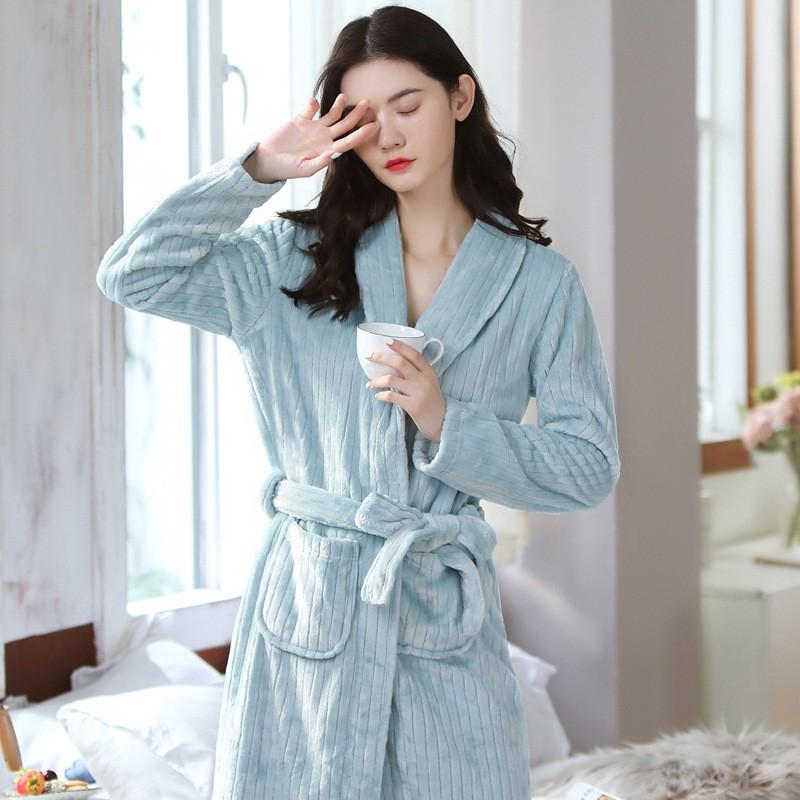 Couples Flannel Robe Long Sleeve Thick Coral Fleece Bathrobe Home Pajamas Comfort