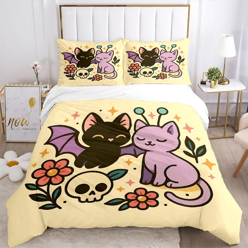 3pcs Bat and Cat Cute Cartoon Design Bedding Set - 1 Soft Quilt Cover + 2 Pillowcases, Machine Washable - Suitable for All Seasons, Perfect Gift