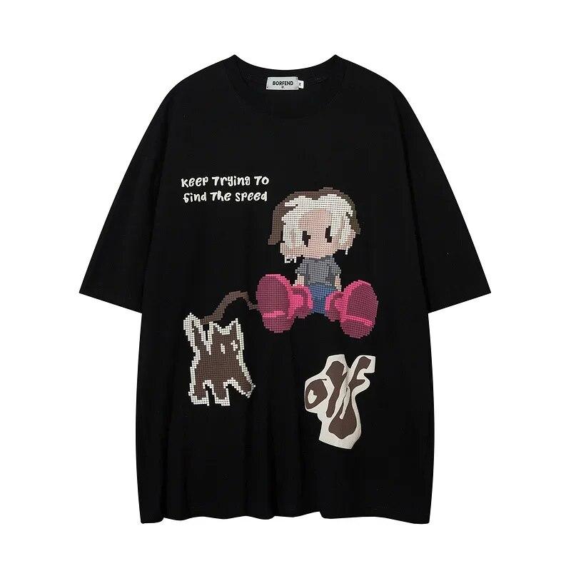 Graphic T-shirt Cartoon Print Women Retro Y2K Explosion T-shirt Hip Hop Couple Loose Oversized Half-sleeved Cotton Top Outfit