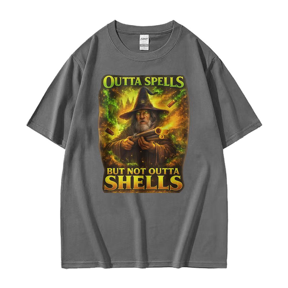Outta Spells But Not Outta Shells Ironic Wizard T Shirt Funny Fantasy Meme T Shirts Men Women Fashion Summer 100 Cotton Tshirt