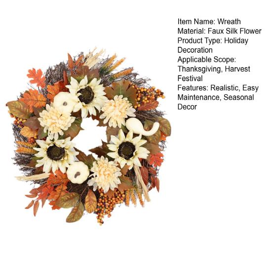 Искусственный осенний венок на входную дверь, тыква, подсолнух, кленовый лист, венок с хризантемой