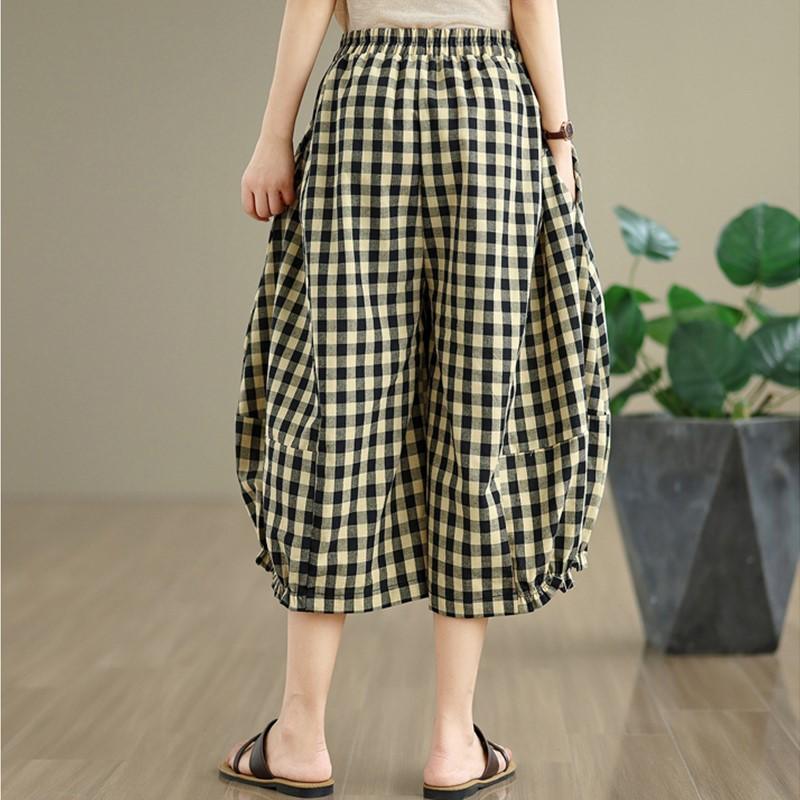 Винтажные клетчатые брюки больших размеров с высокой талией, повседневные, свободные, летние, с широкими штанинами, крест-накрест, женские