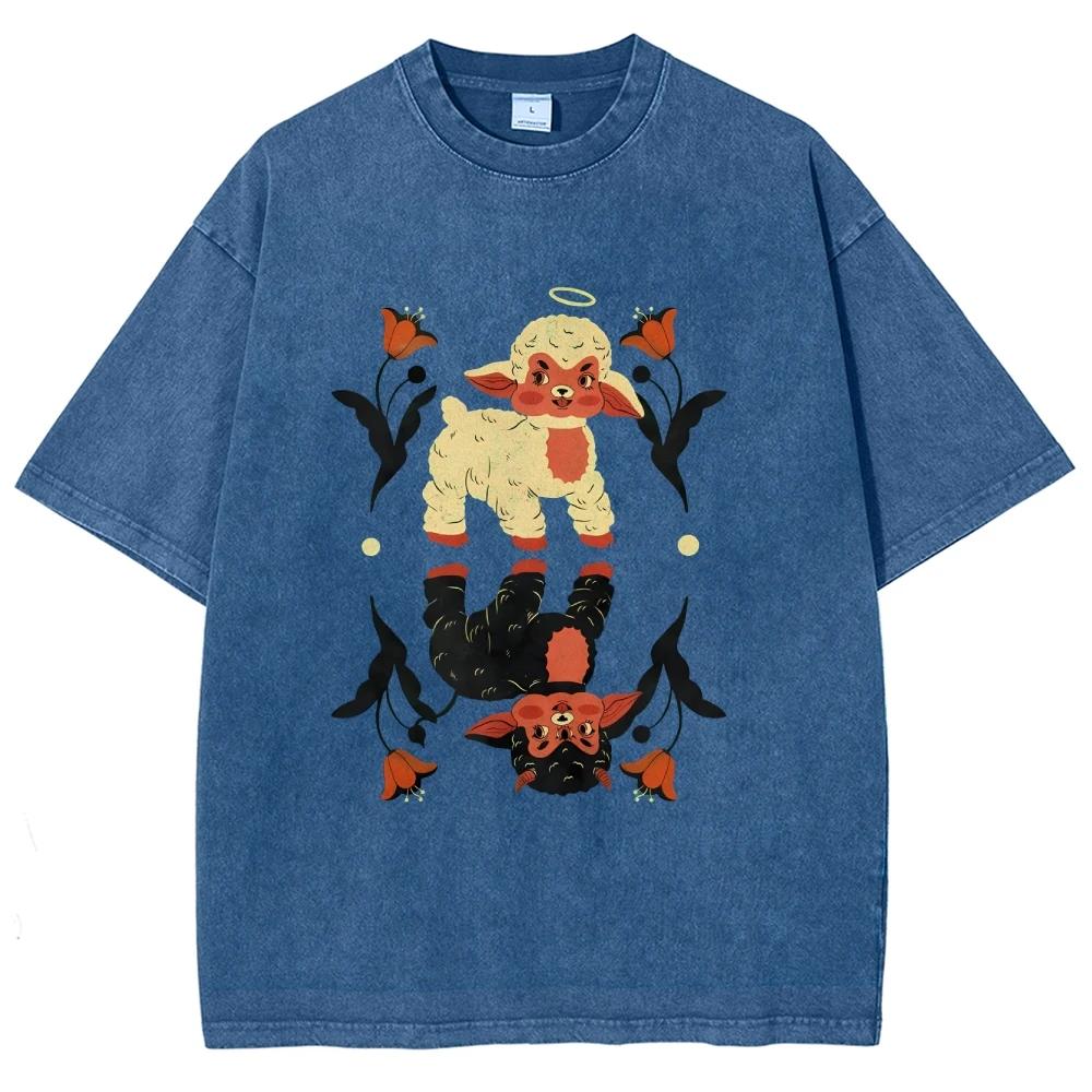 Крутые футболки Ангел Демон Овца Унисекс Стиранные Футболки Мужские Женские Футболки с Коротким Рукавом Хлопок Уличная Одежда Графические Футболки