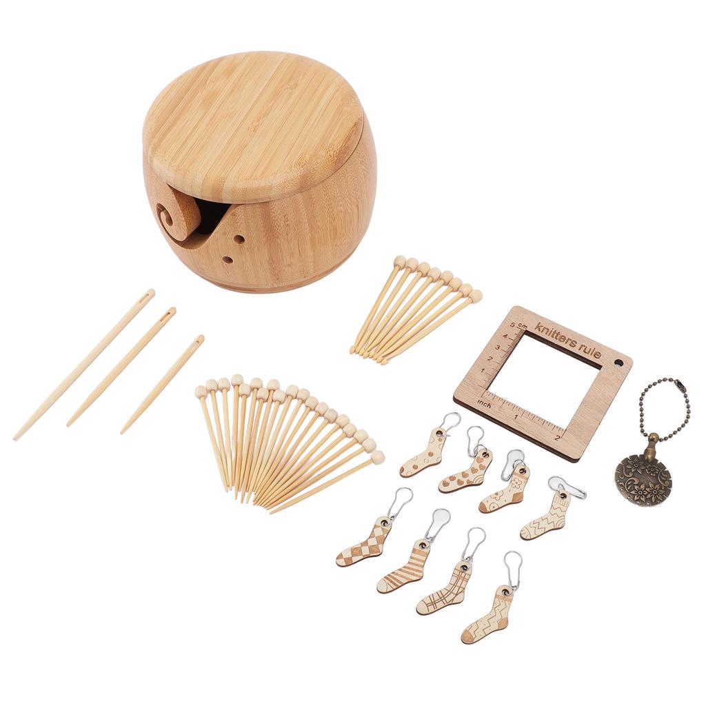 Wooden Yarn Bowl Crochet Bowl with Lid Round Bamboo Wood Knitting Bowl with Holes and Crochet Hooks