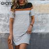 Летнее платье Цветной контраст Свободное полосатое платье-футболка
