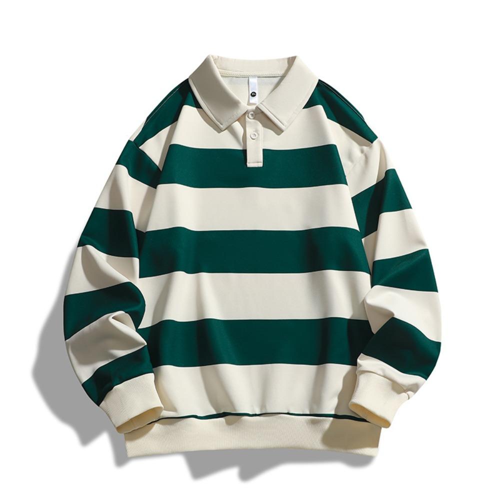 Men Long-sleeved T-shirt 2025 Autumn New Fashion Trend Striped Printing Casual Loose Outdoor Camping Lapel Top Couple POLO Shirt