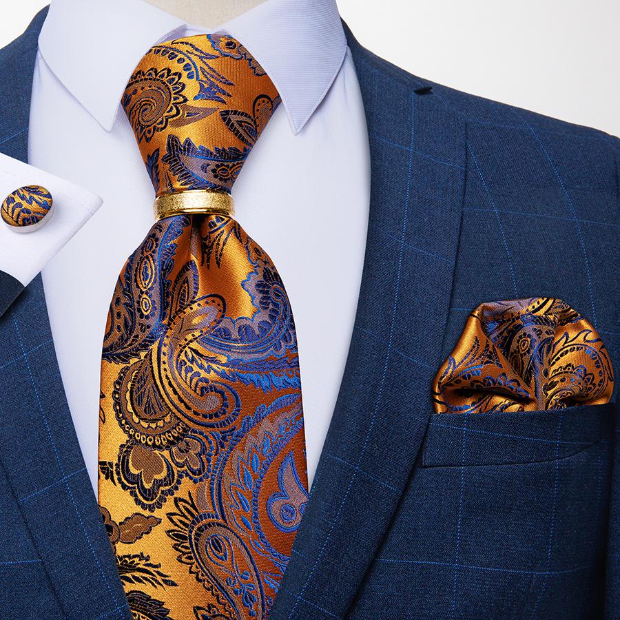 Mens Silk Tie Set Gold Tie Ring Striped Necktie Hanky Cufflinks for Business Party Dibangu