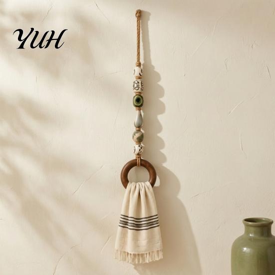 Multipurpose Hanging Organizer Decorative Beaded Towel Hanger with Wood Ring, Boho Multi-Color Wall Mount Solid Rack Hand No-Drill Farmhouse