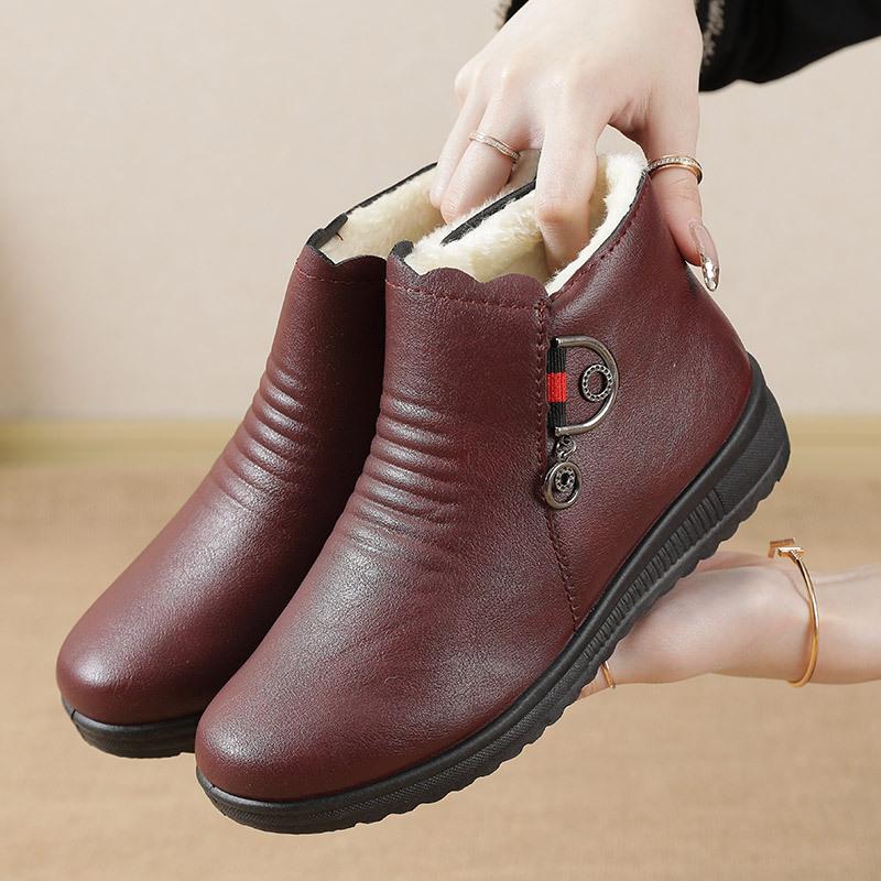 Winter Mom's Shoes Cotton Shoes with Velvet Warmth Middle Aged Short Boots Middle Aged Women's Shoes Elderly Flat Leather Shoes Anti Slip Winter Shoes
