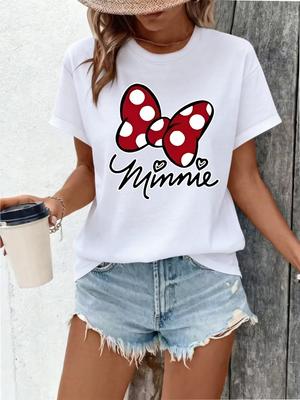 Red Polka Dot Bow and Handwritten Minnie Pattern T-shirt Short Sleeve Top Casual Fashion Printed for Elegant Women's Clothing