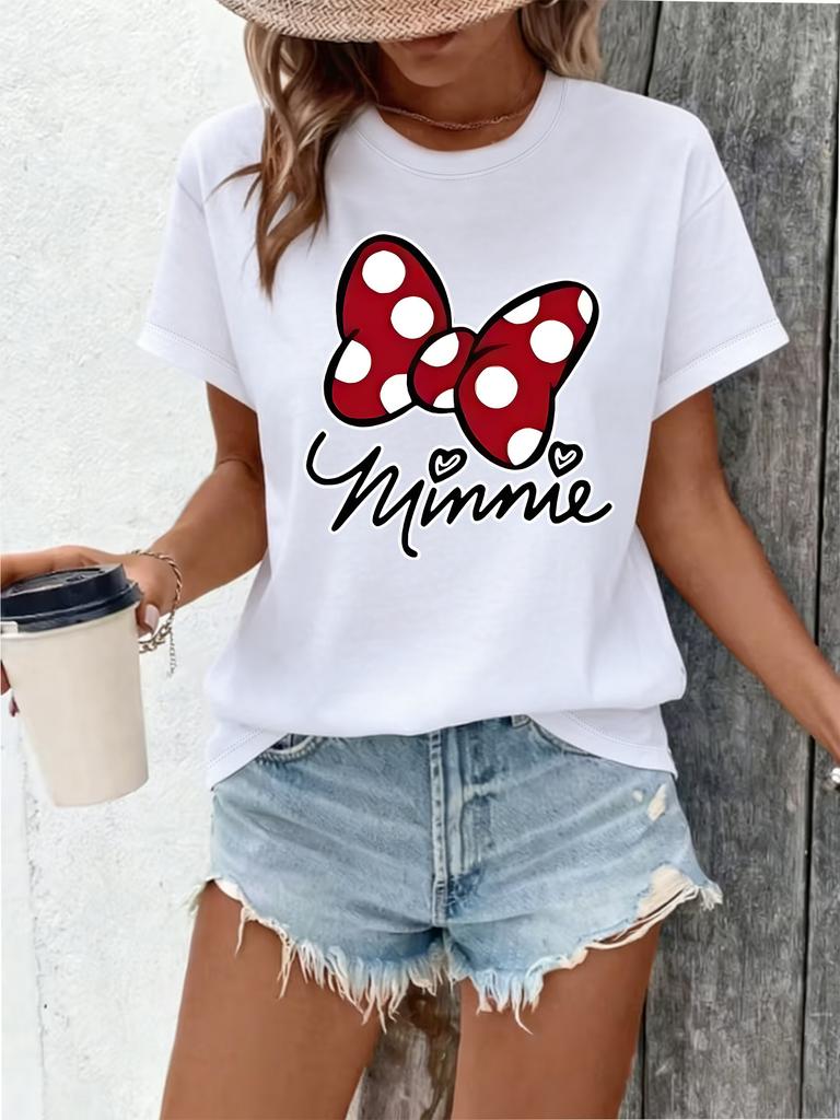 Red Polka Dot Bow and Handwritten Minnie Pattern T-shirt Short Sleeve Top Casual Fashion Printed for Elegant Women's Clothing