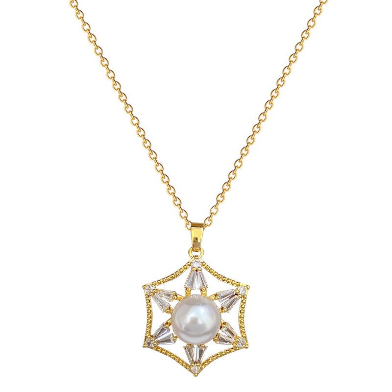 Necklace Earrings Set Light Luxury Full Diamond Hexagonal Pearl Personality Temperament Banquet Earrings Necklace Group