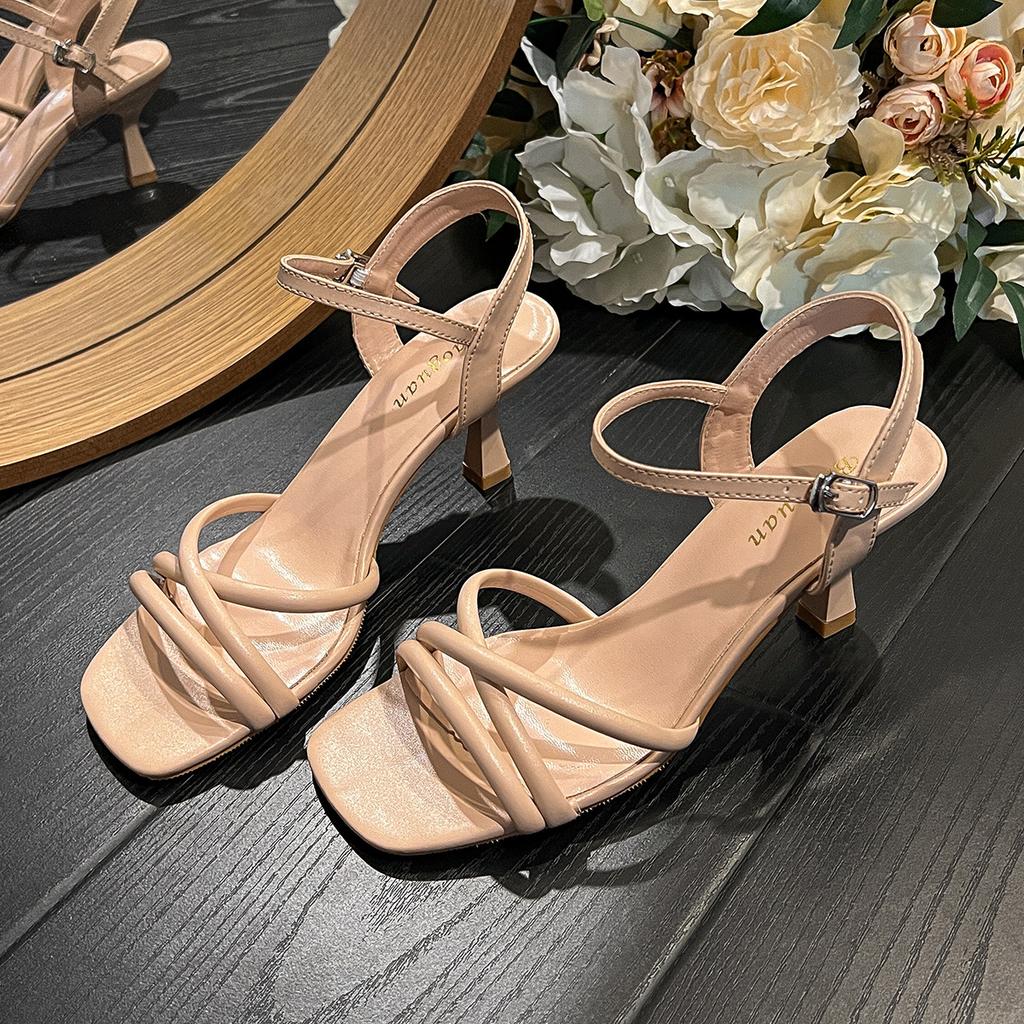 Simple and sexy one-word buckle with high-heeled sandals for women's 2025 new summer French stiletto open-toe with skirt sandals