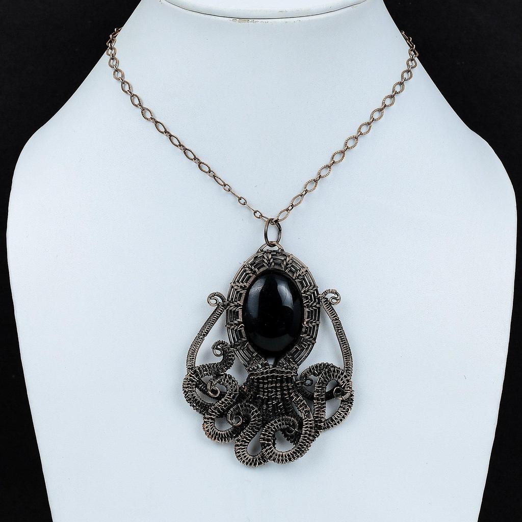 Кулон из черного оникса, медная проволока, кулон, кулон в виде осьминога, медные украшения, кулон ручной работы, ювелирные изделия из проволочной обмотки, кулон с драгоценным камнем для подарка