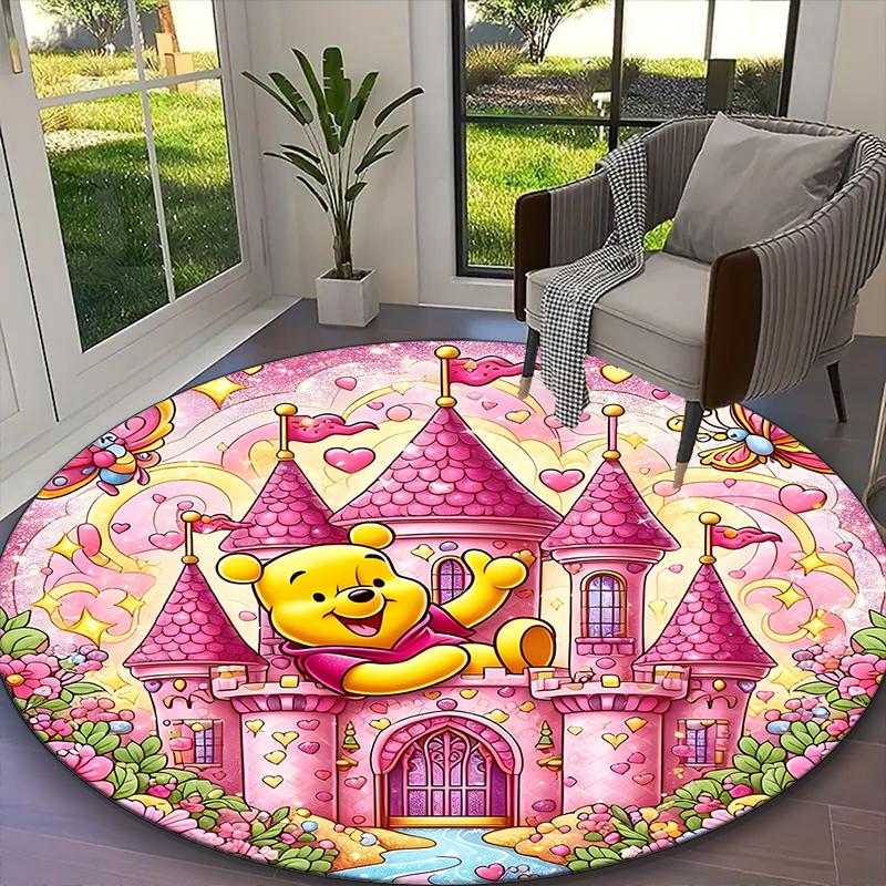 1pc Office Carpet, Pooh Bear Pink Castle Floral Chair Rug, Living Room Printed Round Rug, Home Chair Floor Mat