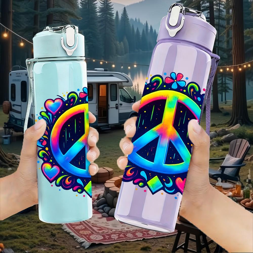 1PC Colorful Peace Sign Flower Wreath 750ml Color Plastic Sports Water Bottle Leakproof Flip Straw Lid Suitable for Sports Office Home Use