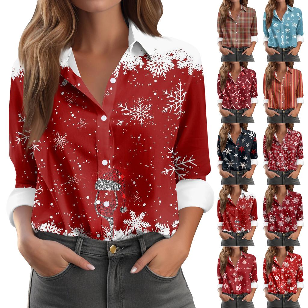 Women's Shirt Blouse Christmas Print Button Long Sleeve Casual Basic Shirt Collar Regular Top