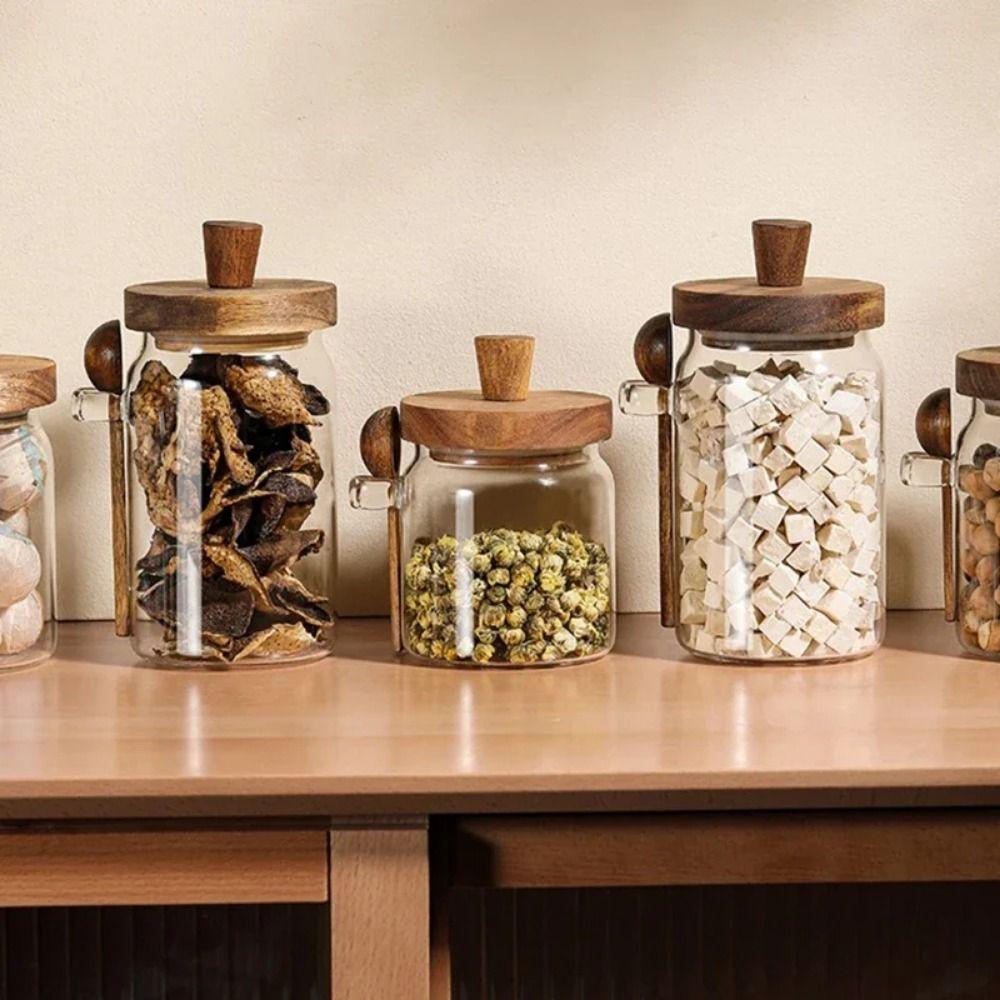 With Wooden Lid Coffee Bean Storage Jar With Wood Spoon Clear Spice Storage Tank Seasoning