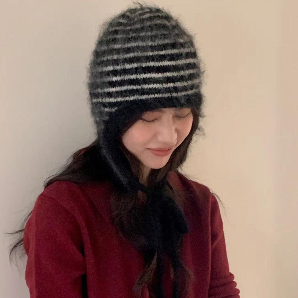 Plush Earflap Hat Rabbit Fur Beanie Hat Cozy Knitted Hat Girls