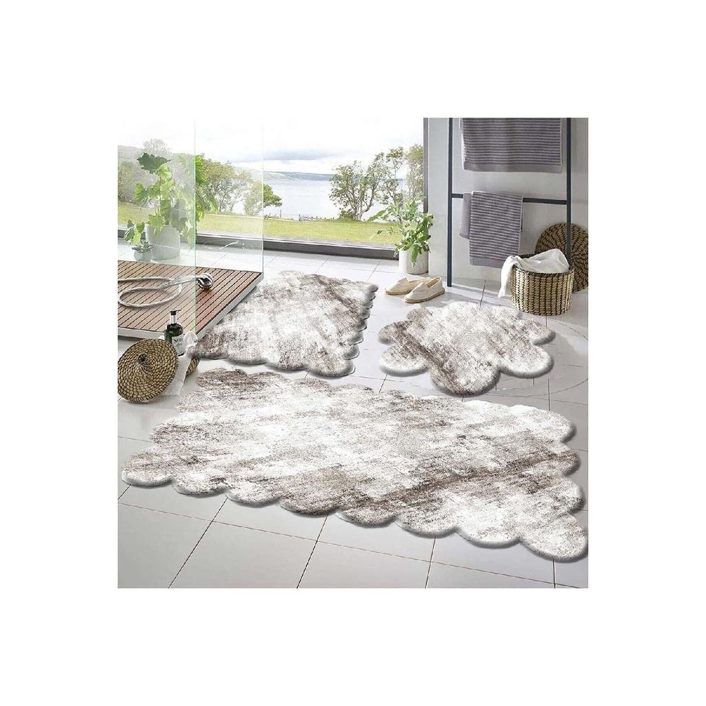 3-piece Bath Mat Carpet Plush Carpet Toilet Seat Set Beige 50x90-50x60--50x50(round)