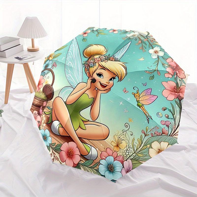 Disney Tinkerbell Automatic Open/Close Umbrella - Cute Umbrella with Cute Design, Portable 3-Fold Compact Umbrella for Men & Women, Valentin